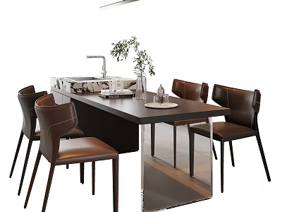Dark Dining Table Set With Brown Chairs And Green Plants 3d model