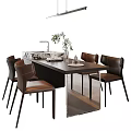 Dark Dining Table Set With Brown Chairs And Green Plants 3d model