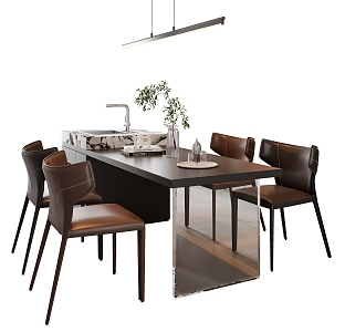 Modern Italian Dining Table and Chair Combination Island Table and Chair Chandelier Table Decoration Vase Green Planting Leather Dining Chair Acrylic 3d model