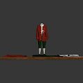 Mannequin In Red Coat And Green Pants With Fabric Pieces And Ruler On Wooden Table