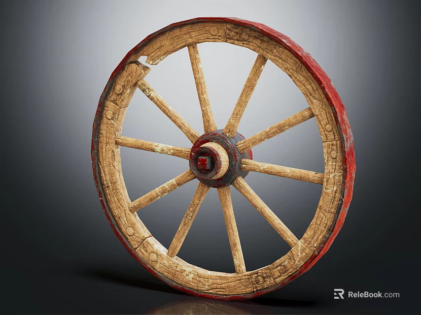 Antique Wooden Spoke Tire With Red Outer Rim And Ornate Carved Hub Design 3d model 