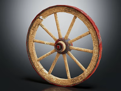 Antique Wooden Spoke Tire With Red Outer Rim And Ornate Carved Hub Design 3d model