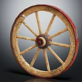 Antique Wooden Spoke Tire With Red Outer Rim And Ornate Carved Hub Design