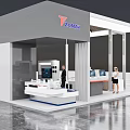Modern Exhibition Booth With SUNRISE Logo Workstations People And Display Area