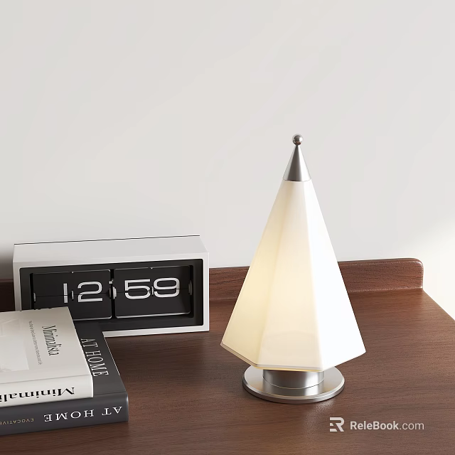 Cone Shaped Table Lamp With White Lampshade Silver Base On Wooden Desktop And Digital Clock 3d model 