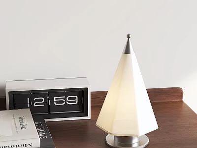 Cone Shaped Table Lamp With White Lampshade Silver Base On Wooden Desktop And Digital Clock 3d model