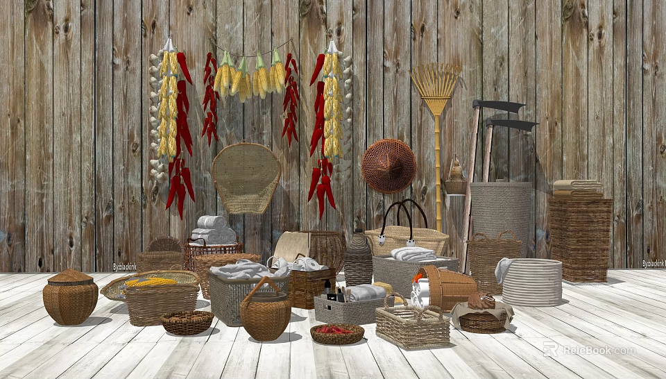 Industrial Storage Setup Featuring Woven Baskets Hanging Corn And Peppers 3d model 