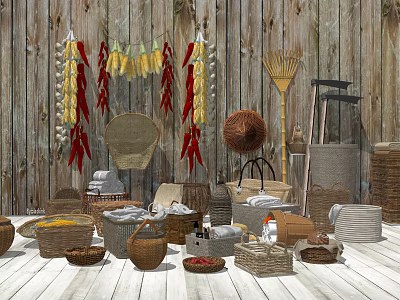 Industrial Storage Setup Featuring Woven Baskets Hanging Corn And Peppers 3d model