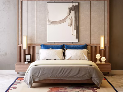 Double Bed with Wooden Headboard Background Wall Painting Blue White Pillows Nightstands Lamps Decorative Rug 3d model