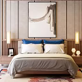 Double Bed with Wooden Headboard Background Wall Painting Blue White Pillows Nightstands Lamps Decorative Rug