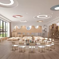 Kindergarten Interior With Small Beds Bookshelves TV Blackboard Wooden Furniture And Round Lights