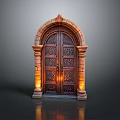 Antique Carved Wooden Arch Door With Intricate Patterns And Warm Ambient Lighting