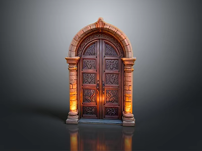 Antique Carved Wooden Arch Door With Intricate Patterns And Warm Ambient Lighting 3d model