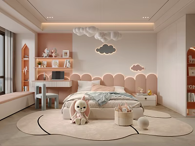 Pastel Pink And White Kids Room With Cloud Shaped Bedhead Pendant Lights And Stuffed Toys 3d model