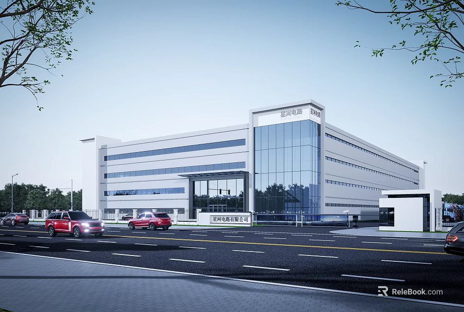 Modern Industrial Factory Building With Glass Curtain Wall Trees Road And Red Cars 3d model 