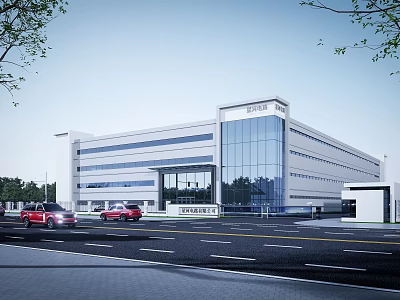 Modern Industrial Factory Building With Glass Curtain Wall Trees Road And Red Cars 3d model