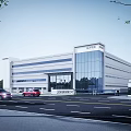 Modern Industrial Factory Building With Glass Curtain Wall Trees Road And Red Cars