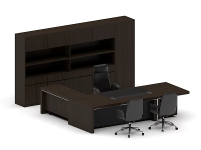 Modern Office Desk Chair Set With Dark Wood Cabinet Drawers And Open Shelves 3d model