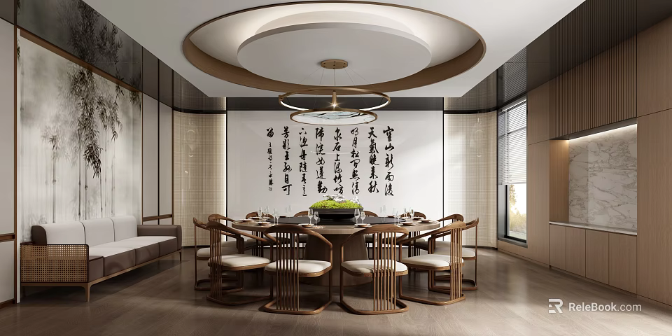 Chinese Style Private Dining Room Interior Design With Round Table Calligraphy Wall And Wooden Chairs 3d model 