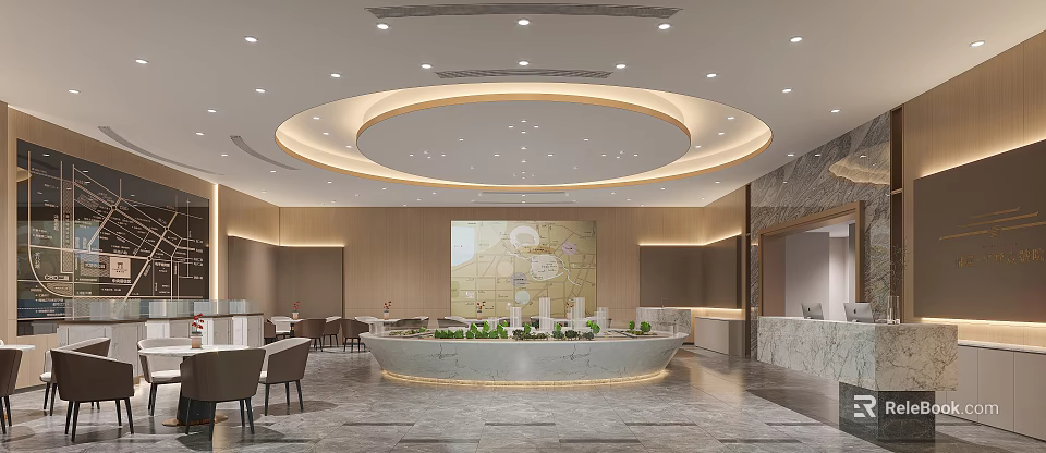 Elegant Modern Sales Office With Marble Reception Counter Property Map Wooden Panels And Warm Lighting 3d model 