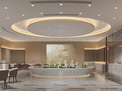Elegant Modern Sales Office With Marble Reception Counter Property Map Wooden Panels And Warm Lighting 3d model