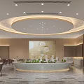 Elegant Modern Sales Office With Marble Reception Counter Property Map Wooden Panels And Warm Lighting