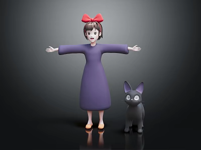 Girl In Purple Dress With Red Bow Arms Outstretched Beside Black Cat With Big Ears 3d model