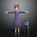 Girl In Purple Dress With Red Bow Arms Outstretched Beside Black Cat With Big Ears