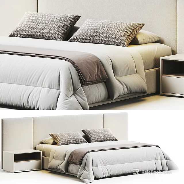 Modern Double Bed Setup with Patterned Pillows Gray Comforter and White Nightstand 3d model