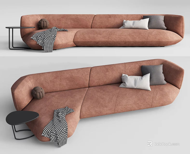 Brown Modern Sectional Sofa With Throw Pillows Blanket And Side Table 3d model 