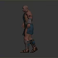 Muscular Bald Man In Ancient Warrior Blue Tunic With Arm Guards Leg Armor And Sandals
