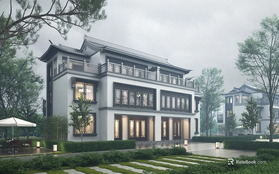 Chinese Style Detached Villa With Two Story Structure Traditional Courtyard And Lush Greenery 3d model 