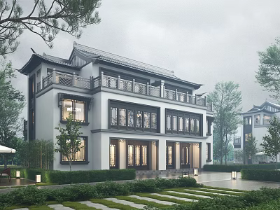 Chinese Style Detached Villa With Two Story Structure Traditional Courtyard And Lush Greenery 3d model