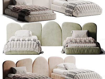 Modern Kids Bed With Arched Upholstered Headboard Plaid Blankets And Decorative Pillows 3d model