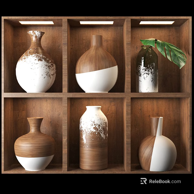 Stylish Ceramic Vases Arranged on Wooden Shelf with Brown White Patterns and Green Leaf 3d model 