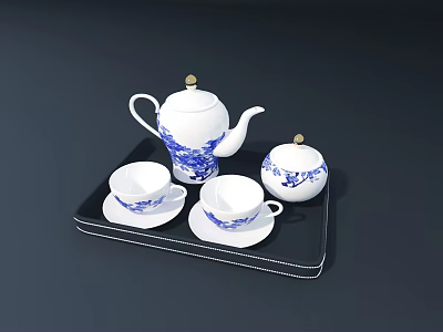 Ceramic Tea Set With Blue And White Patterns Black Tray Teapot Sugar Bowl And Cups 3d model