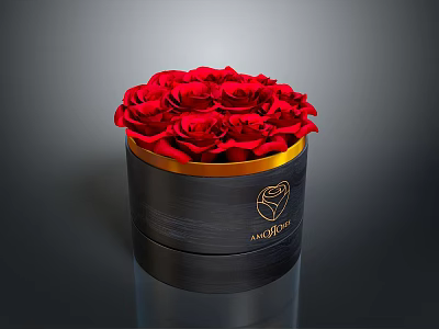 Red Roses Arranged In Black Box With Gold Trim And Monroe Logo 3d model