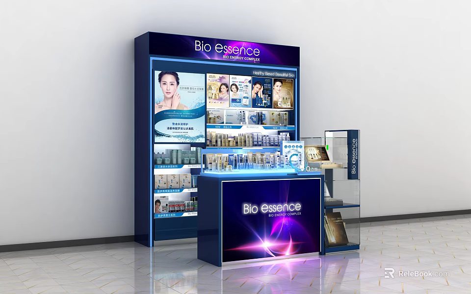 Bio Essence Cosmetic Display Shelves With Modern Design And Illuminated Product Showcase 3d model 