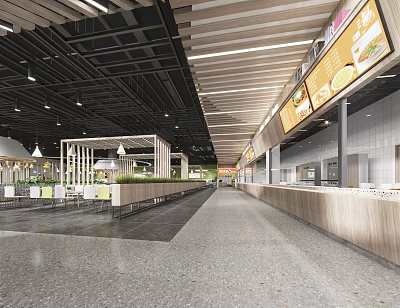 Modern Food Court Interior With Wooden Counters Seating Areas And Hanging Lights 3d model