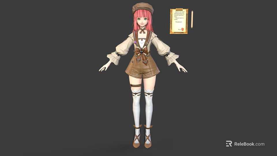 Anime Style Character With Pink Hair Little Creature And Brown Overalls Holding Scroll Certificate 3d model 