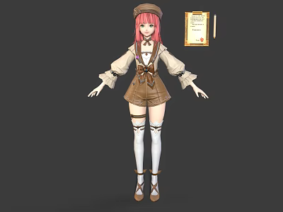 Anime Style Character With Pink Hair Little Creature And Brown Overalls Holding Scroll Certificate 3d model