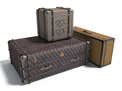 Vintage Leather Suitcases With Metal Hardware In Various Sizes Stacked And Placed 3d model