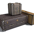 Vintage Leather Suitcases With Metal Hardware In Various Sizes Stacked And Placed