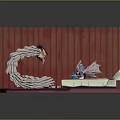 Winged Game Movie Character In Red Room With Bed Glowing Weapon And White Tangled Elements