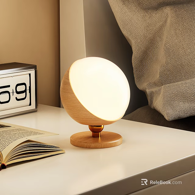 Round Wooden Table Lamp With Illuminated Shade And Open Book On Bedroom Desk 3d model 