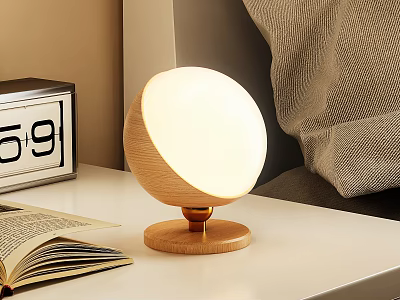 Round Wooden Table Lamp With Illuminated Shade And Open Book On Bedroom Desk 3d model