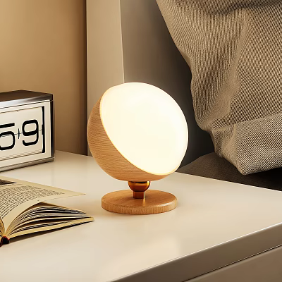Round Wooden Table Lamp With Illuminated Shade And Open Book On Bedroom Desk 3d model