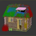 Log Cabin With Thatch Roof Log Walls Small Window Open Door Grass And Wooden Stool
