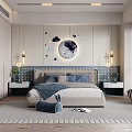Modern Kids Room Interior With Cloud Decorations Round Mirror Bed And Striped Chair
