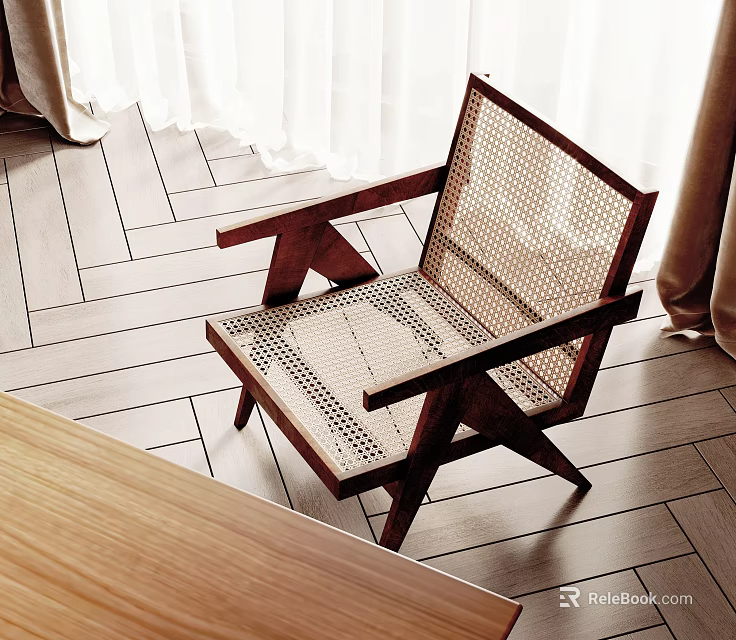 Modern Woven Accent Chair With Wooden Frame And Herringbone Floor In Natural Light 3d model 